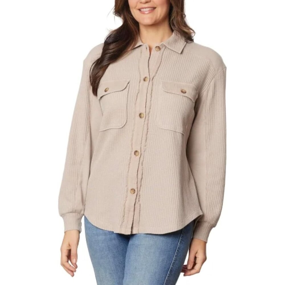 NWT Briggs Women's Relaxed Fit Button Long Sleeve Waffle Shirt Tan